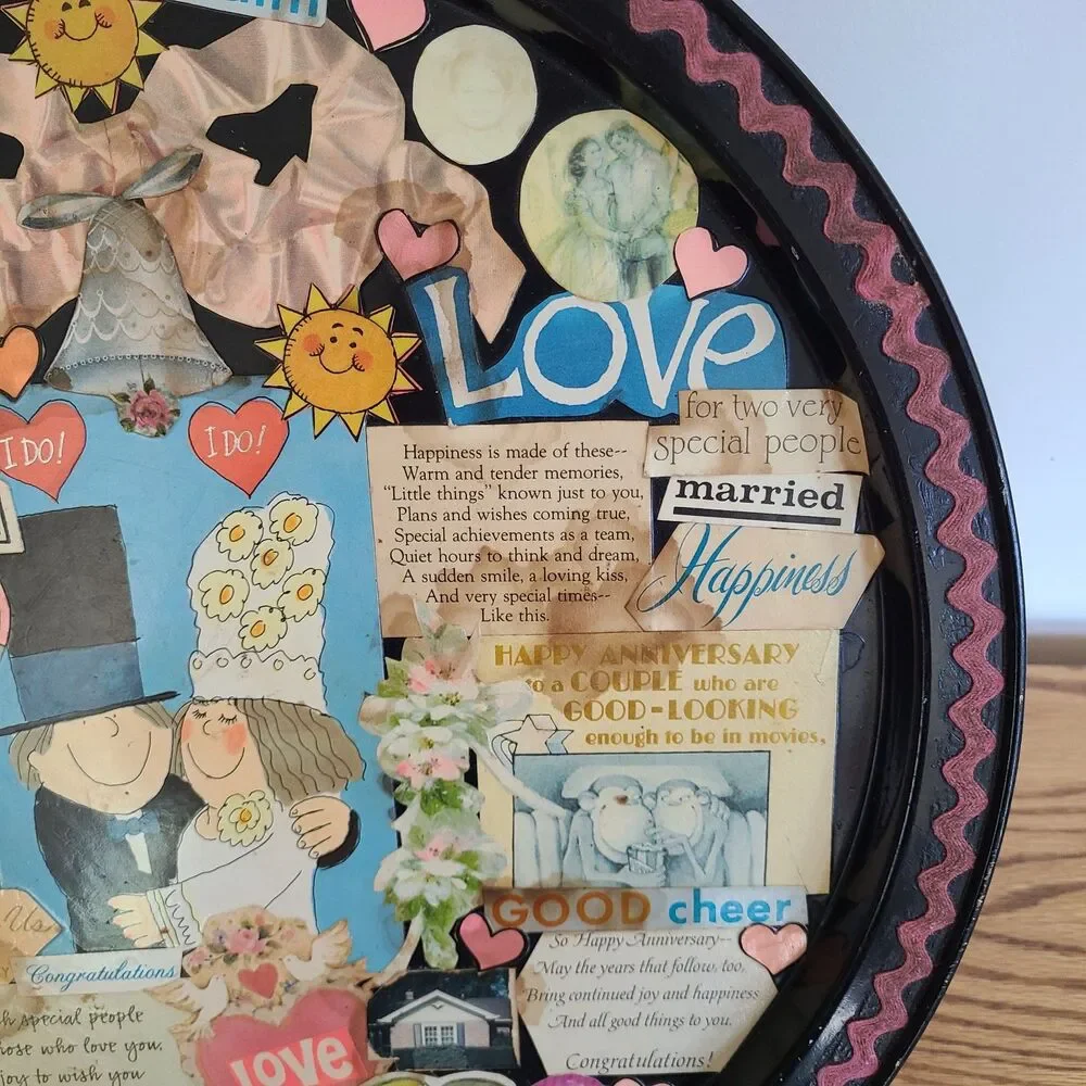 Vintage Decoupage Tray Paper Art Collage Celebrating Wedding Anniversary Love